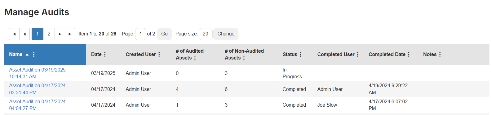 Manage audits page
